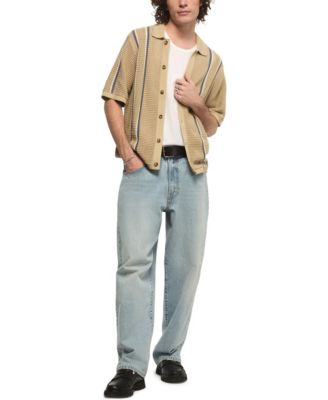 Men's Stripe Button-Front Short-Sleeve Sweater