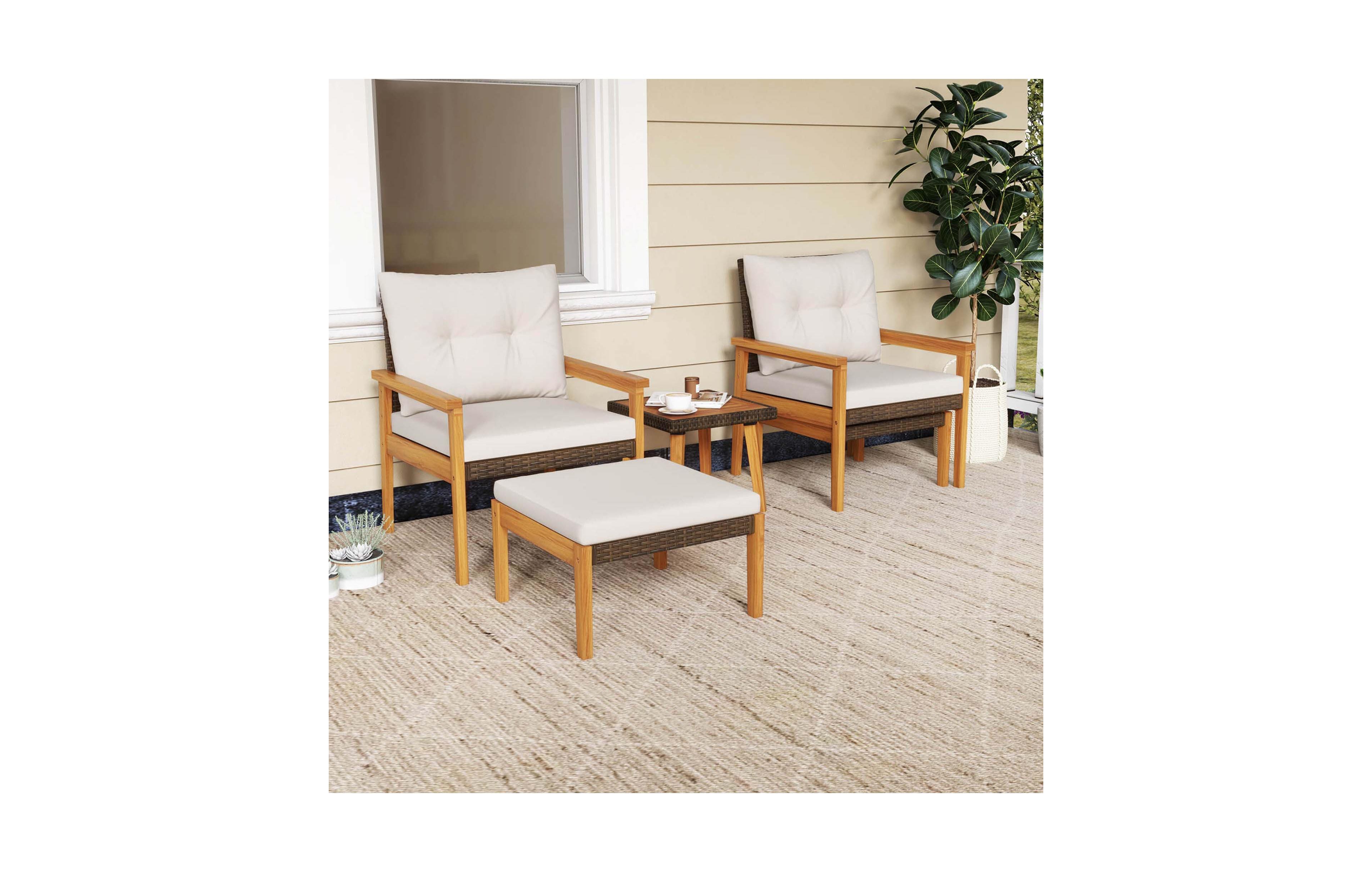 Costway 5 Pcs Rattan Furniture Set Wood Frame Chairs & Ottomans with Square Coffee Table