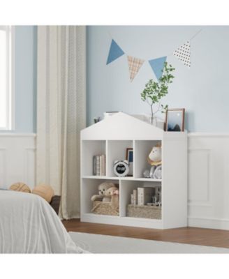 5-Cubby Kids Bookshelf – White Wooden Toy Storage Organizer, Toddler Bookcase and Playhouse Cabinet Shelf for Playroom, Nursery