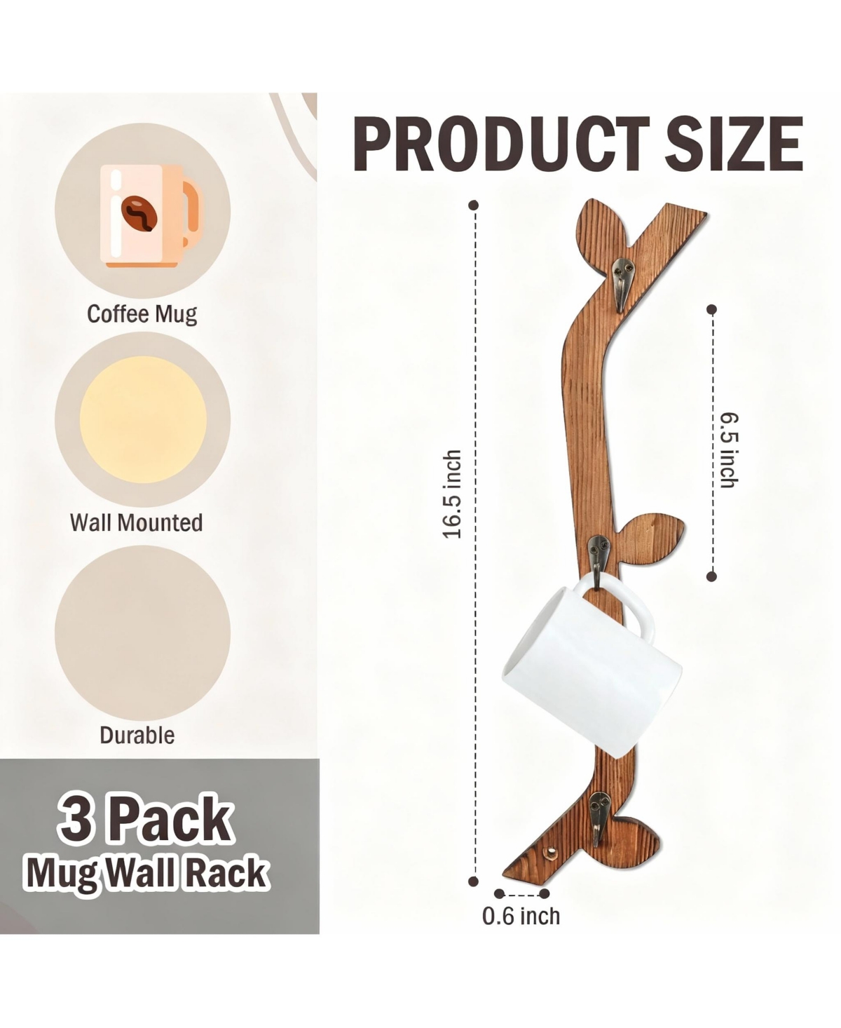 Yigii Wood Coffee Mug Wall Rack Set of 3, 9 Hooks, Space-Saving, Rustic Pine