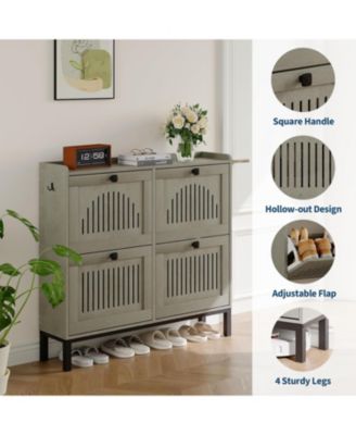 Shoe Storage Cabinet with 4 Flip Drawers, Modern Shoe Organizer with Hollow Panel Doors for Living Room, Entryway