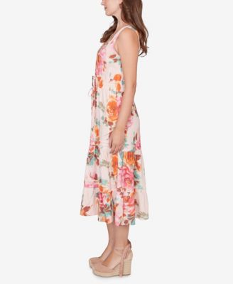 Plus Size Drawstring Waist Floral Linen Tiered Dress