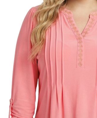 Plus Size Long-Sleeve Pleat Front Roll Tab Top