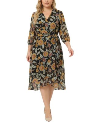 Plus Size 3/4 Sleeve V Neck Belted Chiffon Dress