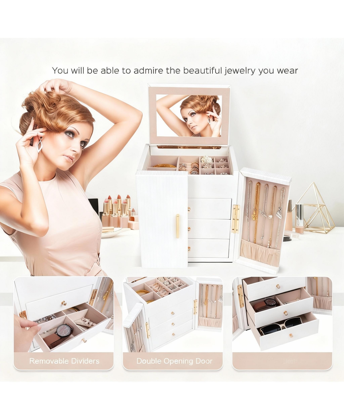 Yigii 4-Tier Jewelry Box with Mirror & Drawers - Stylish Organizer for Women