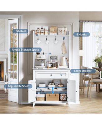 63" Pantry Cabinet, Kitchen Storage with Charging Station, Coffee Bar Table with Drawer, Hooks & Adjustable Shelves for Living Room