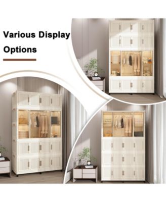Portable Wardrobe Closet with Magnetic Doors, 4 Cubes, Hanging Rod & 10 Hangers
