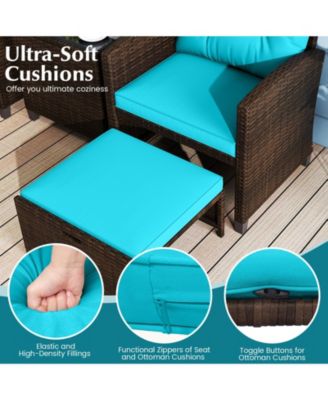 Set of 5 Patio Rattan Furniture w/ 2 Wicker Ottomans & Tempered Glass Coffee Table