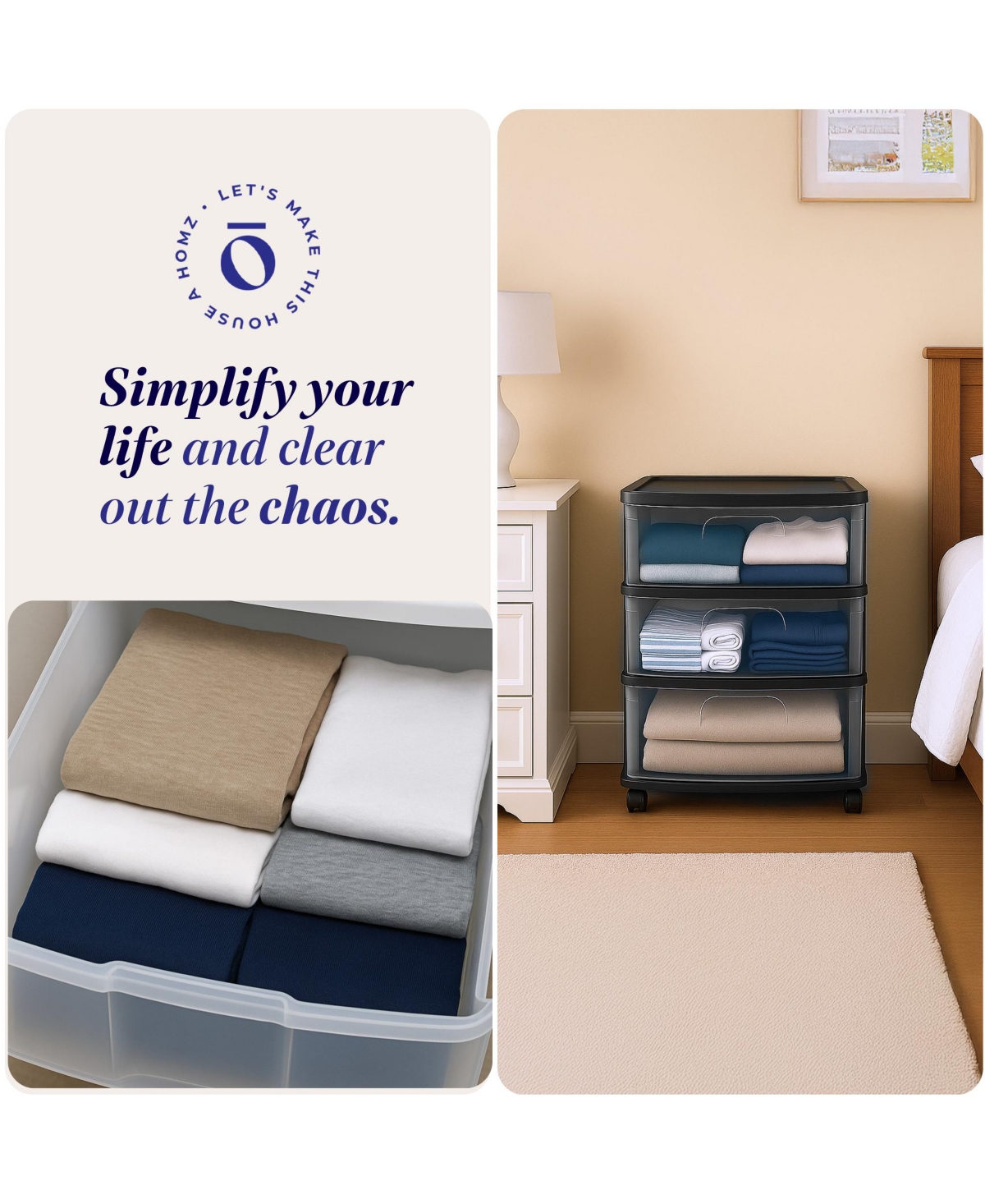 Homz Tall Solid Plastic 3 Drawer Medium Storage Cart with Wheels, Black (2 Pack)