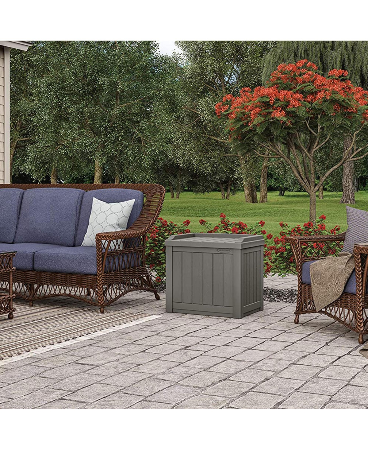 Suncast 22 Gallon Outdoor Patio Small Deck Chest Box with Storage Seat, Stone
