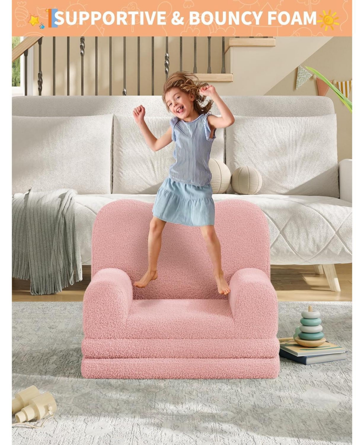 gaomon Kids Couch, 2-in-1 Comfy Toddler Couch Fold Out, Convertible Sofa to Lounger Foam Kids Chair with Soft Sherpa