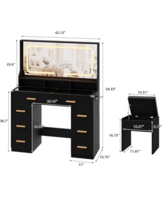 42" LED Makeup Vanity Desk with Large Mirror, 8 Drawers & Charging Station, Modern Dressing Table with Glass Top, Storage Stool
