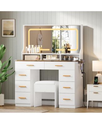 42" LED Makeup Vanity Desk with Large Mirror, 8 Drawers & Charging Station, Modern Dressing Table with Glass Top, Storage Stool