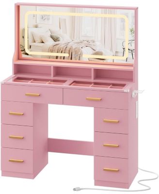 42" LED Makeup Vanity Desk with Large Mirror, 8 Drawers & Charging Station, Modern Dressing Table with Glass Top, Storage Stool