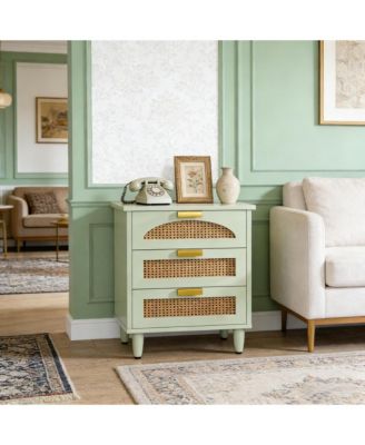 Rattan Nightstand, Mint Green 3-Drawer Bedside Table, Wooden End Table for Bedroom, Living Room