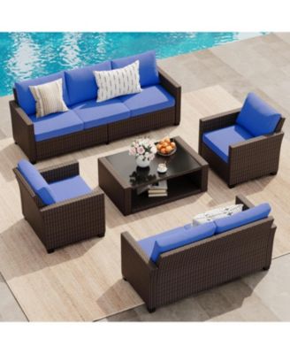 Patio Furniture Set 5 Pieces, Rattan Wicker Sectional Patio Seating Sofas with Cushions and Glass Coffee Table
