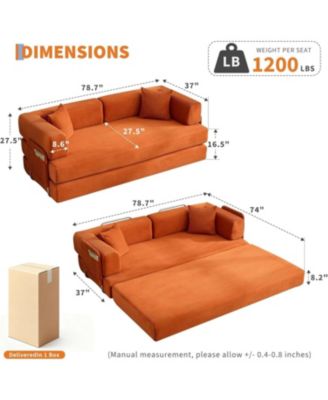 Convertible Couch - 78.7" Folding Sofa Bed with 2 Pillows, Plush Corduroy Boneless Convertible Sofa, No Assembly Required for Living Room