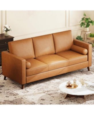 86" Leather Sofa for Living Room, Mid-Century Modern Couch with Deep Seats, Brown Faux , 3 Seat Sofa with Removable Cover for Apartment