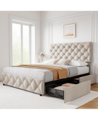 gaomon Queen Size Bed Frame with 4 Storage Drawers, Linen Upholstered ...