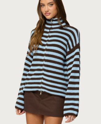 Women's High Neck Striped Zip Up Sweater