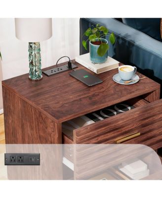 Mid Century Modern Nightstand with 2 Drawers, Charging Ports, and Storage