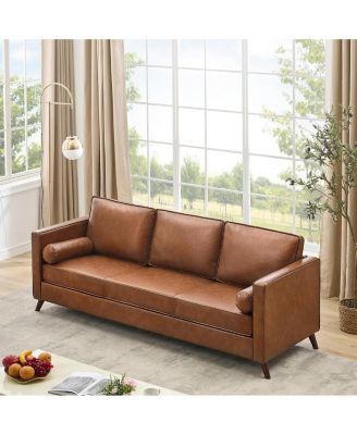 81" Faux Leather Sofa, Mid Century Modern Deep Seat Couch, Upholstered Cushion&Removable Cover, Brown PU Couch, 3 Seat Sofa for Living Room