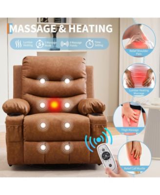 Recliner Chair with Massage and Heat, 360° Swivel Oversized Single Sofa Seat, Adult Rocking Recliner with Cup Holder and Storage Pockets