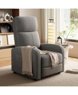 linen fabric manual recliner chair with side pocket, high backrest, thick cushion and adjustable push back lounge design