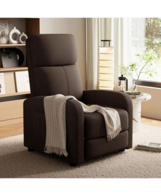 linen fabric manual recliner chair with side pocket, high backrest, thick cushion and adjustable push back lounge design