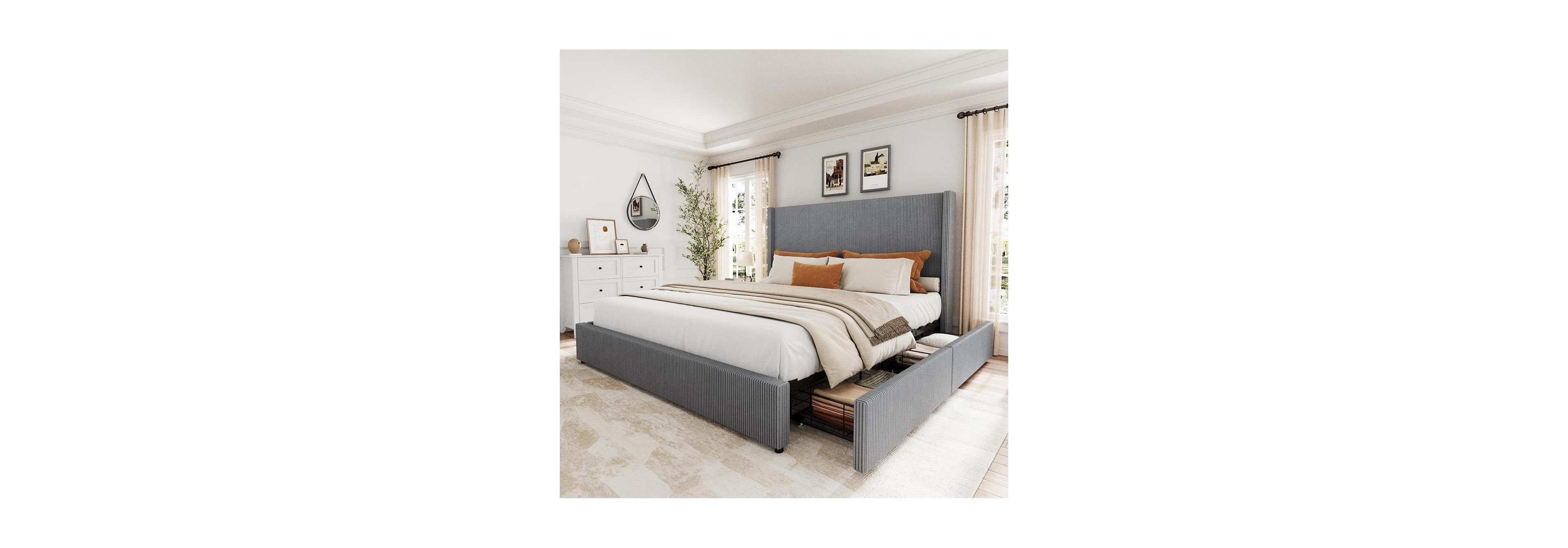 gaomon Upholstered Platform Bed Frame with Storage Drawers, Corduroy Wingback with Tufted Headboard and Footboard, No Box Spring Needed.