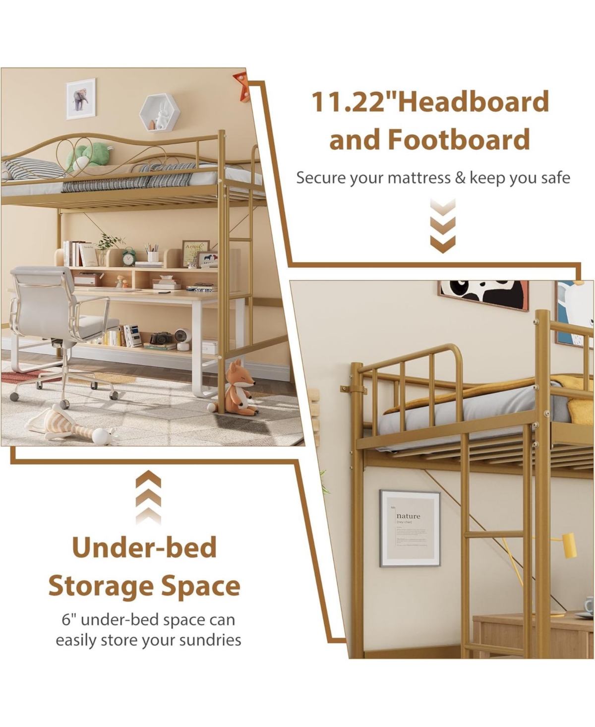 gaomon Loft Bed Twin Size with Removable Ladder & Full Safety Guardrail, Twin Loft Bed Heavy-Duty Metal Frame 400 Lbs Weight Capacity