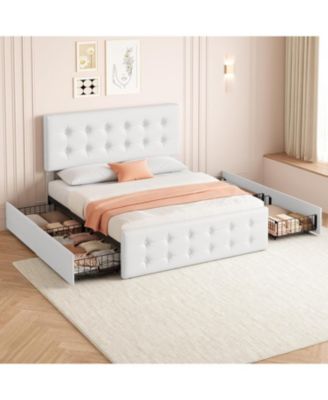 Full Size Bed Frame with 4 Storage Drawers and Headboard, Faux Leather Upholstered Platform Bed Frame with Wooden Slats Support