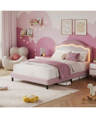 Bed Frame with Adjustable Headboard, Sherpa Fleece Upholstered Platform Bed Frame with LED Lights, 750 LB Capacity, Wooden Slats Support