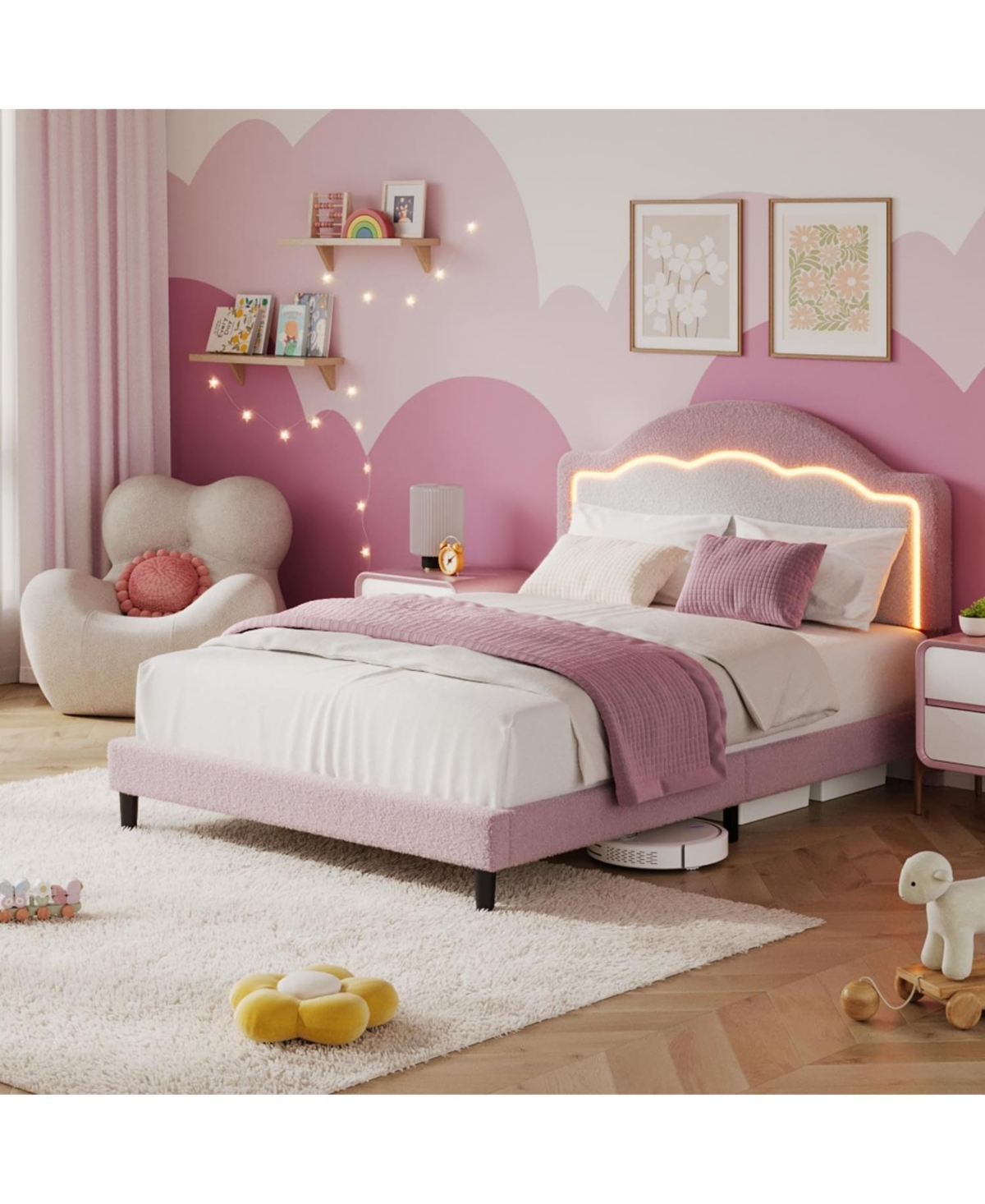 gaomon Bed Frame with Adjustable Headboard, Sherpa Fleece Upholstered Platform Bed Frame with Led Lights, 750 Lb Capacity, Wooden Slats Support