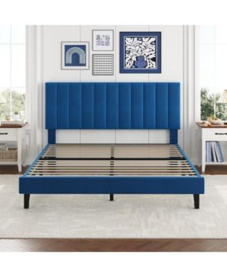 Size Bed Frame, Velvet Upholstered Platform Bed with Adjustable