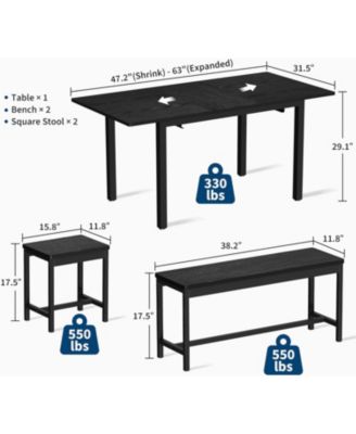 5Pcs Dining Table Set for 4-8 People, 63 in Large Extendable Kitchen Table Set with 2 Benches and 2 Square Stools sets