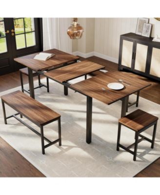 5Pcs Dining Table Set for 4-8 People, 63 in Large Extendable Kitchen Table Set with 2 Benches and 2 Square Stools sets