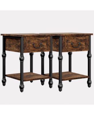 Nightstand Sets for 2, Industrial Side Table with Drawer and Storage Shelf, Metal Frame End Table with Wooden Top, Space Saving Console Table