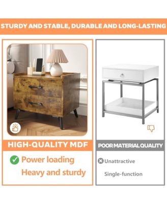 Retro Nightstand, Minimalist End Side Table, Bedside Table with 2 Drawers and Metal Legs, Essential Bedroom Furniture
