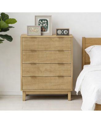 Nightstand, 4 Drawer Double Dresser, Wave-Fluted Fronts, Gold Finger Pulls, Bedside Table