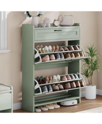 Shoe Cabinet with 2 Flip Drawers & 1 Top Drawer, Wooden Shoe Organizer Cabinet