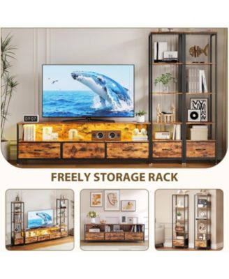 TV Entertainment Center with Storage, 5 Fabric Drawer, 2 Bookshelf, TV Console with Shelf