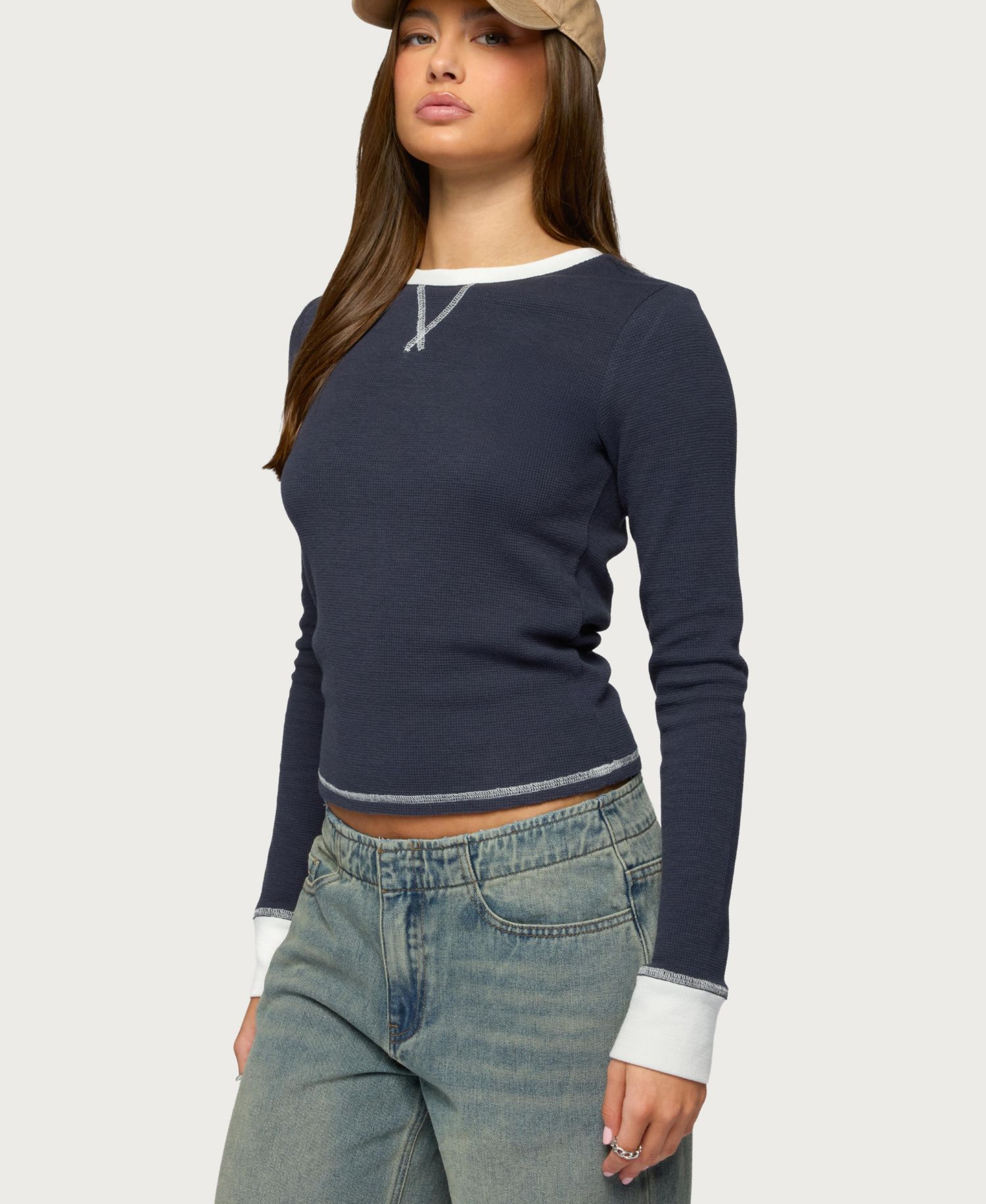 Women's Rora Contrast Long Sleeve Waffle Top