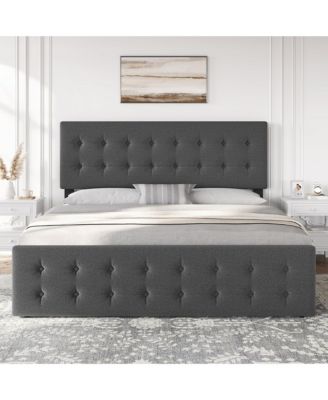King Bed Frame with Headboard and 4 Storage Drawers, Square Stitched Button Tufted Platform