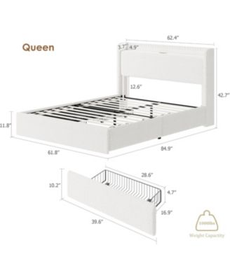 Bed Frame with 4 Storage Drawers & Storage Headboard, Platform Bed Frame with Charging Station, USB Ports and LED Light