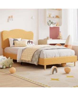 Upholstered Twin Bed Frame for Kids with Scallop Headboard, Cute Velvet Platform Bed with Wooden Slats for Girls and Boys