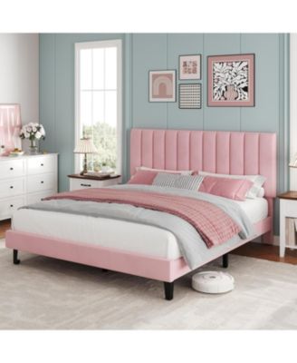 Velvet Upholstered Platform Bed Frame with Adjustable Headboard, No Box Spring Needed, Easy Assembly