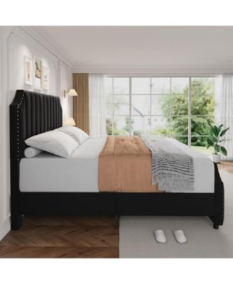 Queen Platform Bed Frame with 52" Tall Headboard & Footboard, Nailhead Trim, Wooden Slats Support, Noise-Free, Black