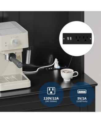 63" Pantry Cabinet, Kitchen Storage with Charging Station, Coffee Bar Table with Drawer, Hooks & Adjustable Shelves for Living Room