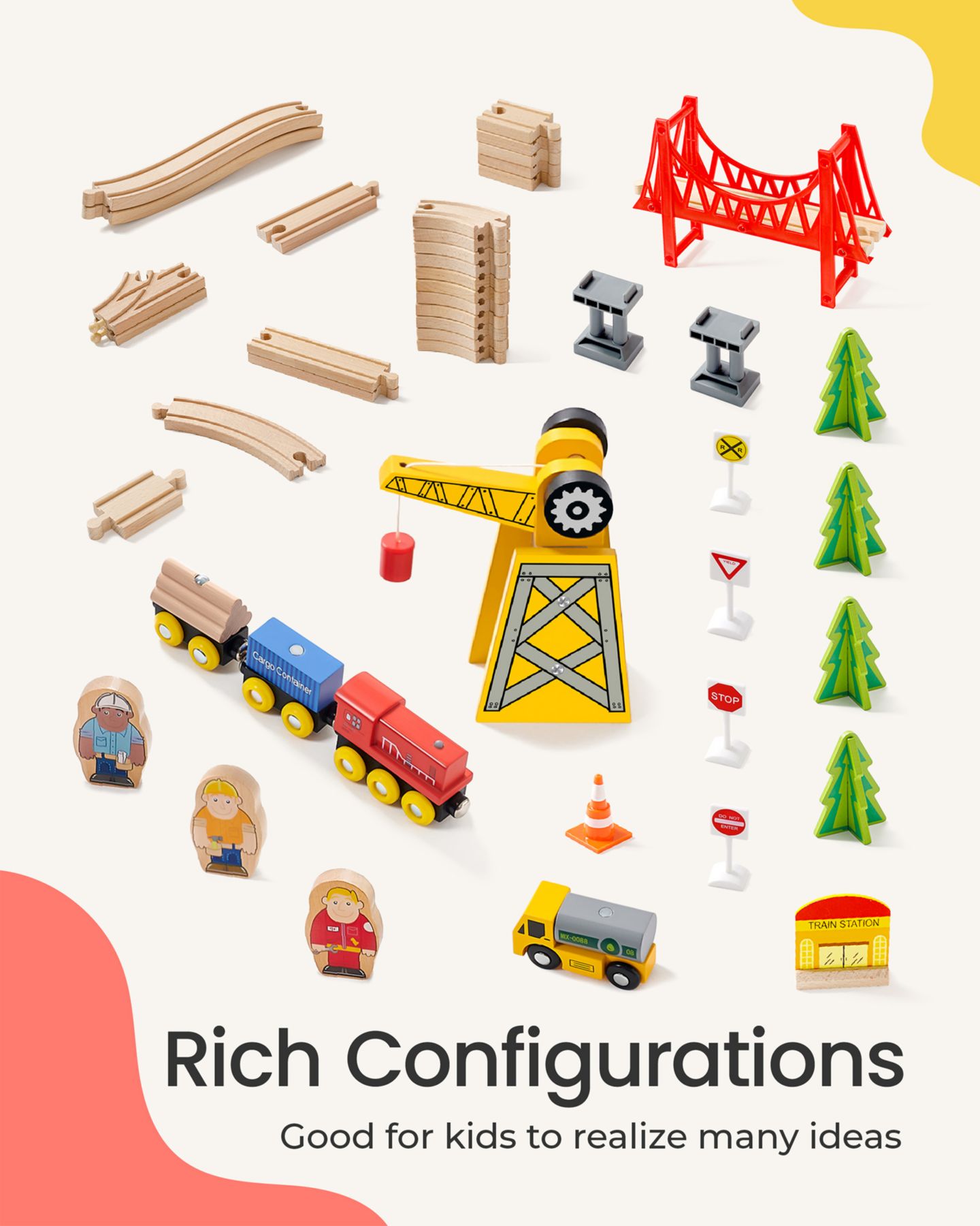 Детские игрушки Tiny Land Working Crane 55-Piece Wooden Track Trains Set — фото 3